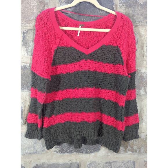 Free People Songbird Rugby Stripe Bouclé Sweater‎ Pink and Gray Oversized Small - Picture 1 of 12